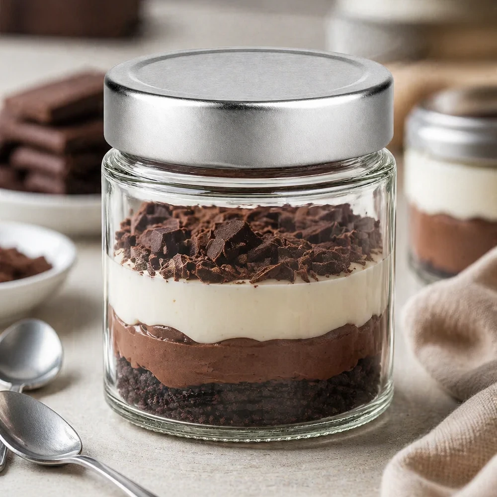 Glasburk 135 ml + lock BasicSeal silver djup UNiTWIST 135ml rund burk silverlock dessert tiramisu skiktad dessert kök dessertburk förvaringsburk BasicSeal
