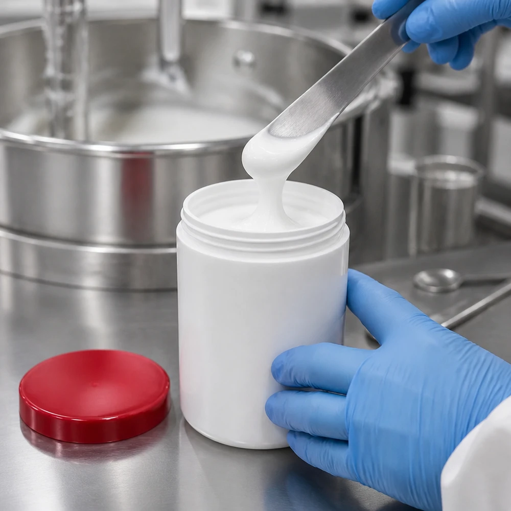 Salvburk 250g vit med rött skruvlock (polypropylen) Fyllning av en vit salvorburk på 250 g med rött PP-skruvlock i renrummet