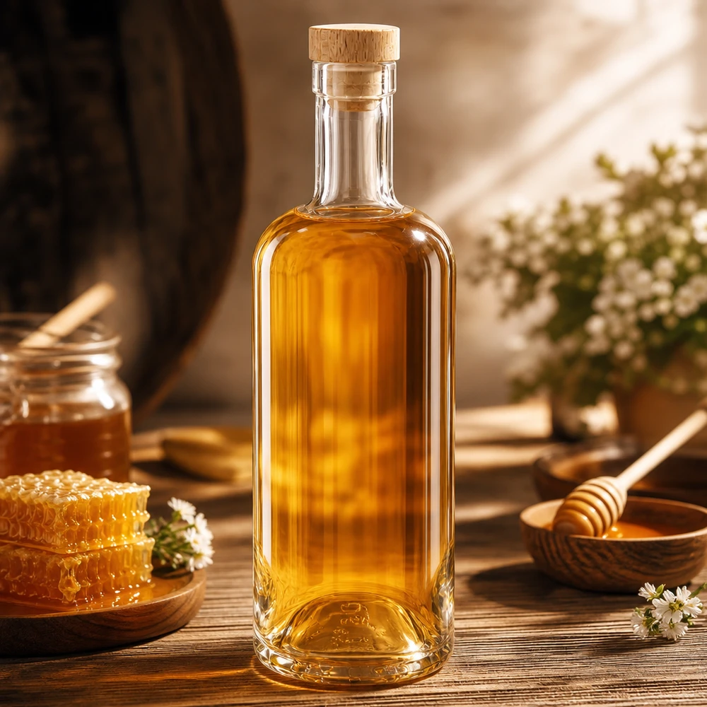 750 ml glasflaska Emma med kork med trähandtag UNiTWIST® Glasflasche Emma 750ml mit Holzkorken gefüllt mit Honig in rustikaler Küche mit Bienenwaben und Honigzubehör