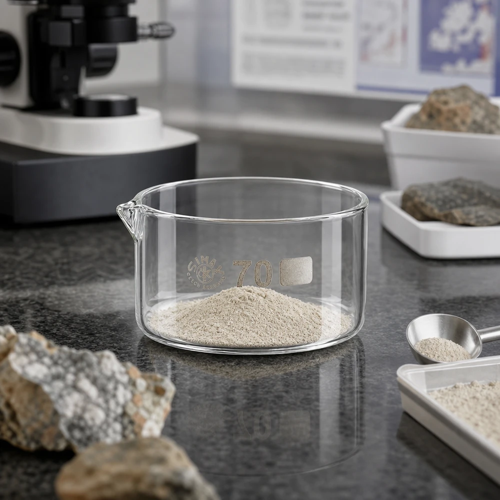 100ml kristalliseringsskål med pip borosilikat ø70mm Kristallisationsskål på 100 ml med fint mineralpulver på en grå laboratorieyta bredvid bergartsprover