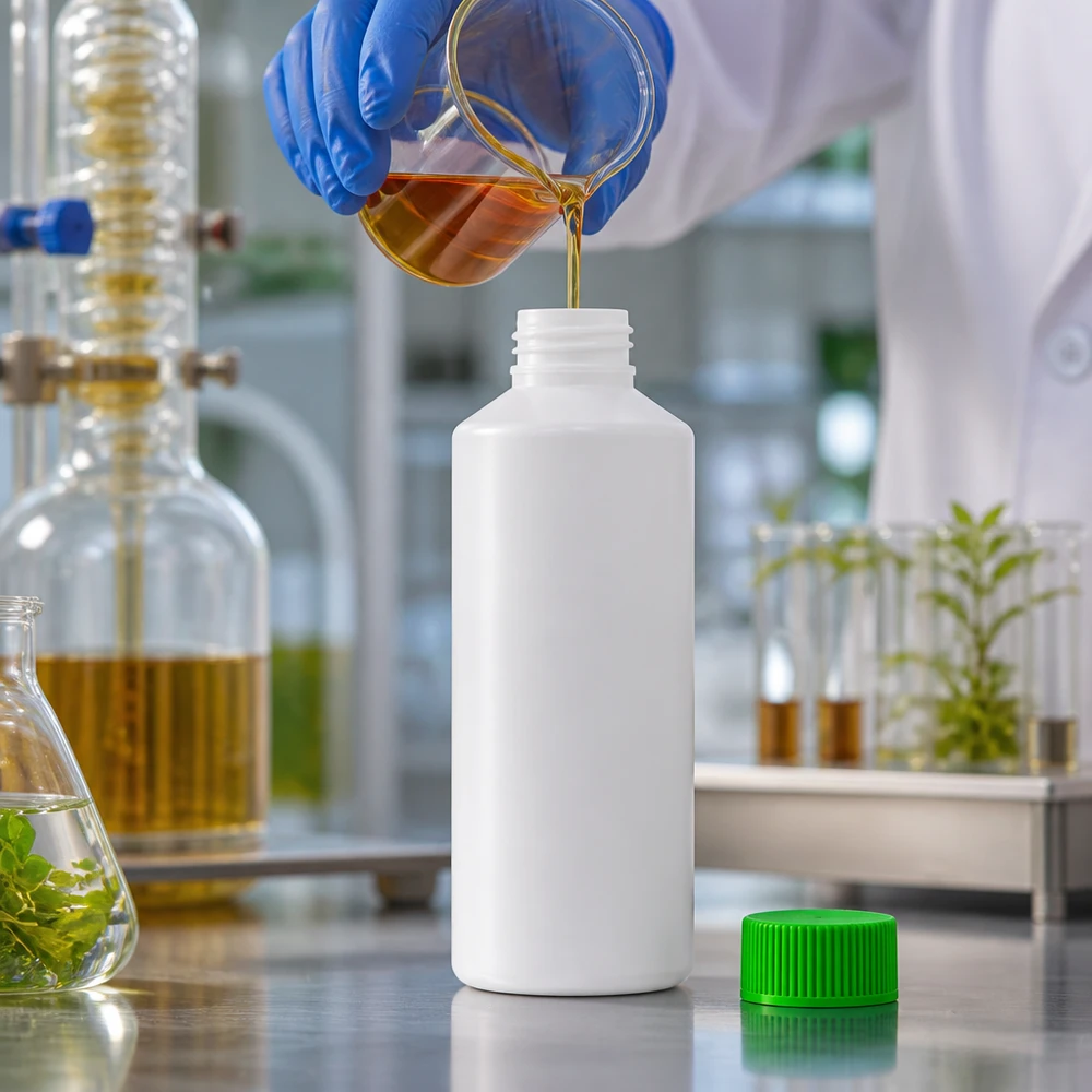 En laboratorieassistent fyller en vit 100 ml HDPE-apotekflaska med ett grönt barnsäkert lock