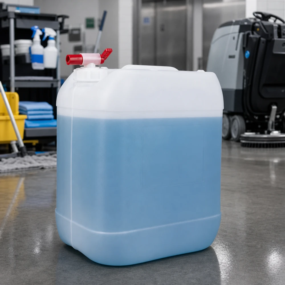 Blå 20-liters behållare för rengöringsmedel med röd tappkran på botten av epoxiharts