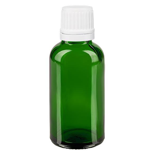 Apoteksflaska grön 30ml droppflaska 1,2mm vit sabotagesäkert lock Apoteksflaska grön 30ml droppflaska 1,2mm vit sabotagesäkert lock