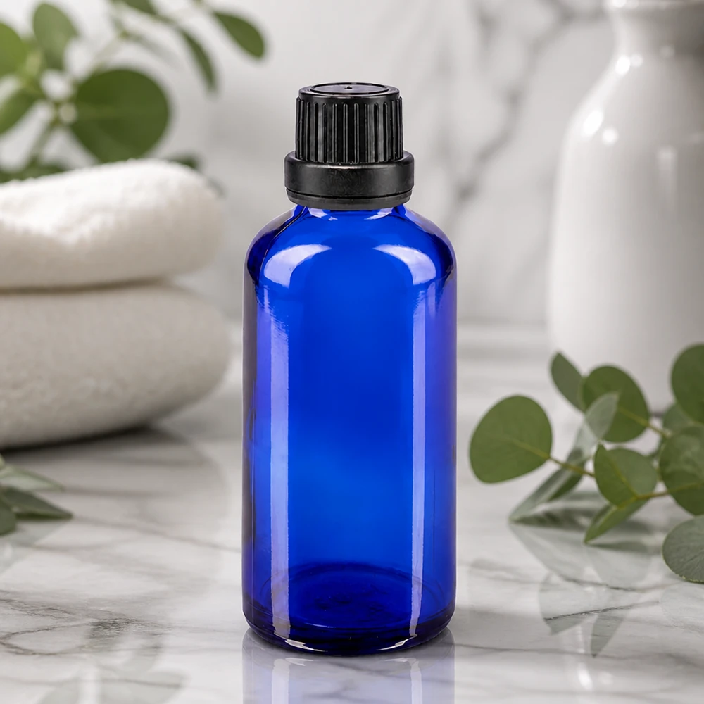 Apoteksflaska blå 50ml skruvkork svart manipulationsskyddad förslutning Blå glasflaska på 50 ml med barnsäker svart kork på vit marmor