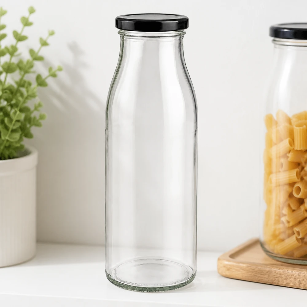 500 ml glasflaska transparent tom med svart BasicSeal-lock i snygg köksdesign med pasta och örter
