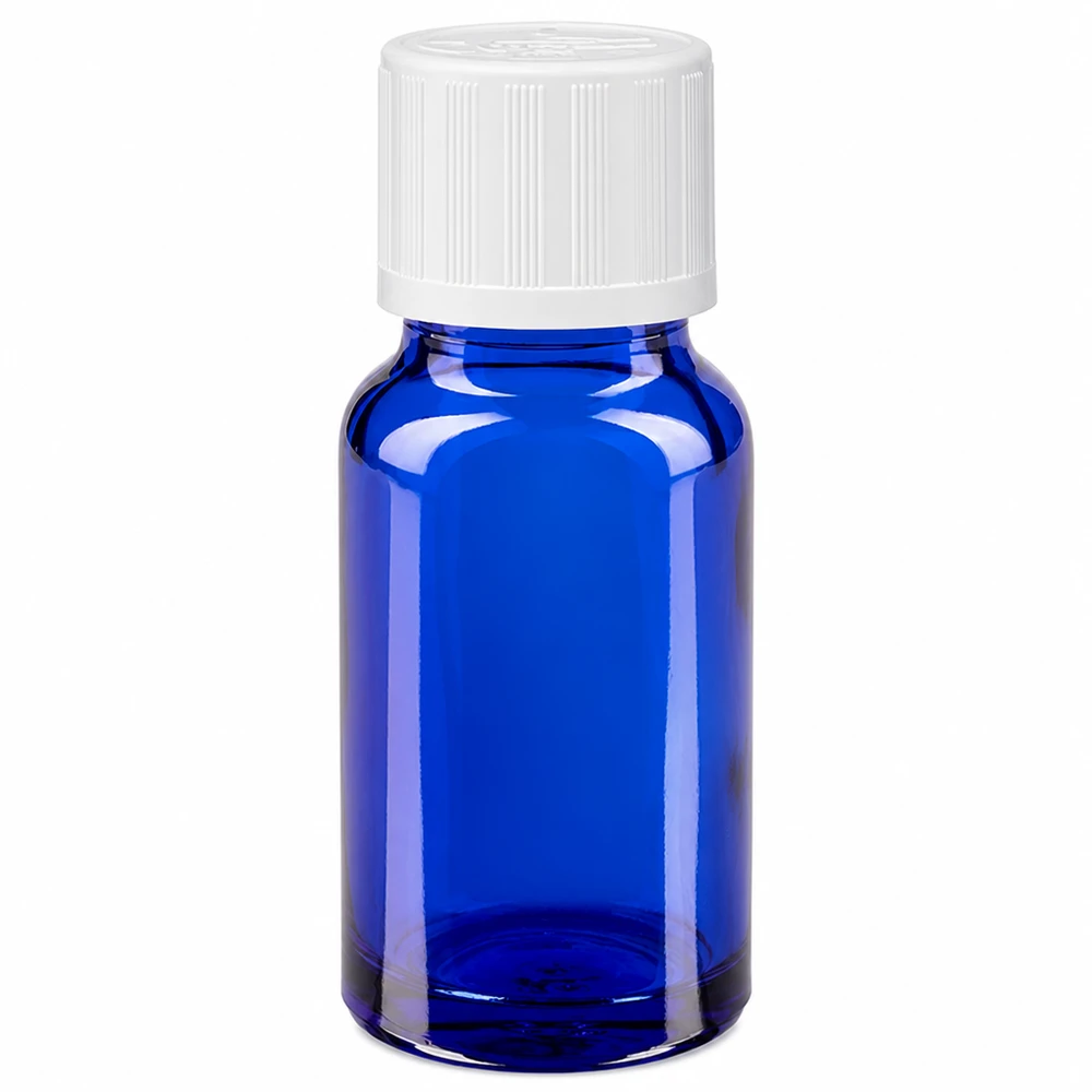 Apoteksflaska blå 10ml dropplock vit barnskyddande standard 10 ml blå apoteksflaska i glas med vitt barnsäkert lock och 1,2 mm droppinsats