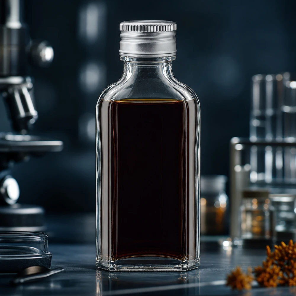 Liten 50 ml glasflaska av typen Meplat med mörkt innehåll och silverfärgat skruvlock av aluminium (PP22) i laboratoriet