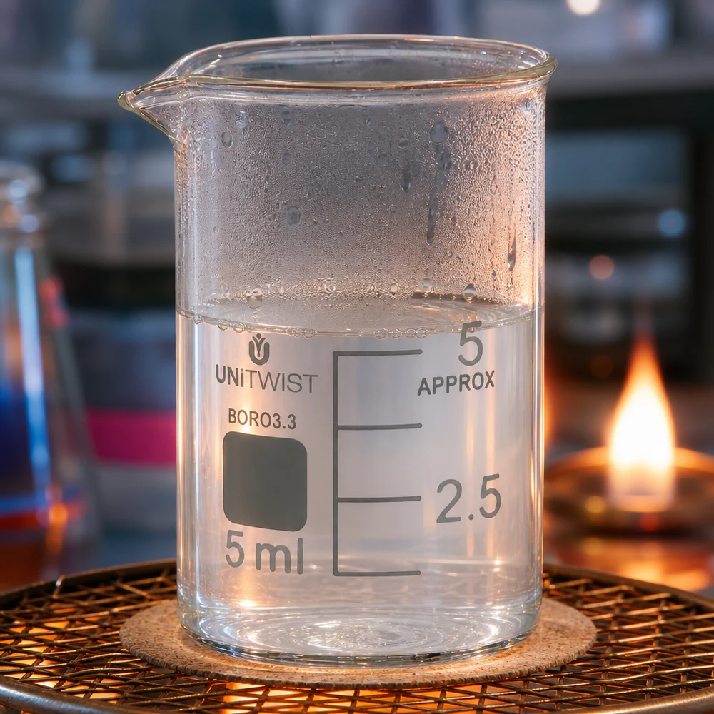 Bägare 5ml borosilikat, låg form UNiTWIST UNiTWIST-bägare, 5 ml, borosilikatglas, låg form, uppvärmd på ett trådnät över en bunsenbrännare