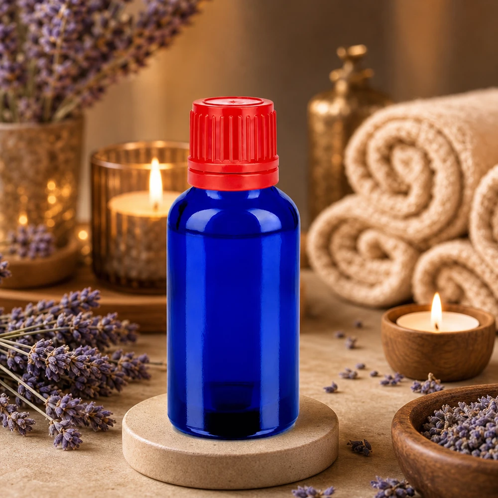 30 ml pipettflaska i koboltblått med rött dropplock för aromaterapi och kosmetika