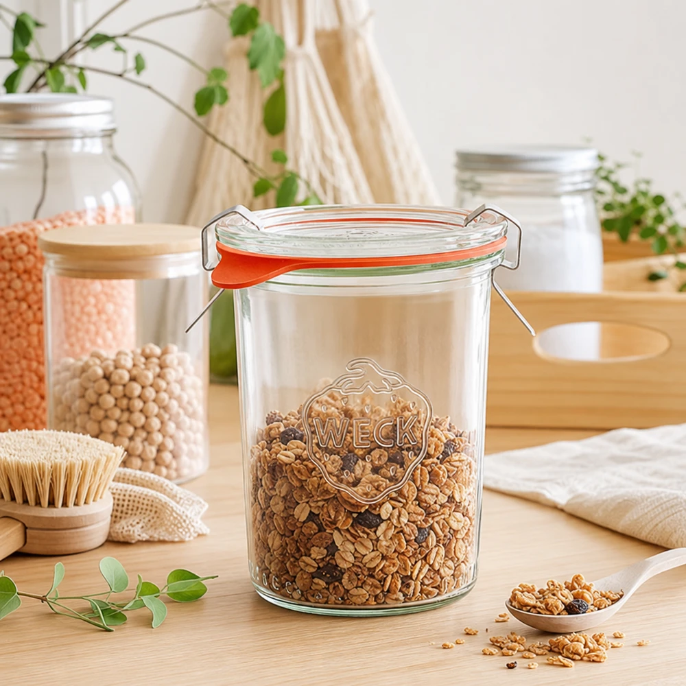 160ml Krossade glasögon komplett WECK RR60 WECK 160 ml RR60 müsliburk fylld med müsli i ett hållbart kök med noll avfall för miljövänlig förvaring