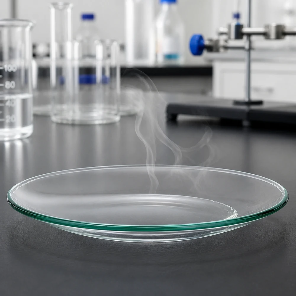 Platt glasskål 110mm diameter med karakteristisk klockglasform för laboratorieexperiment