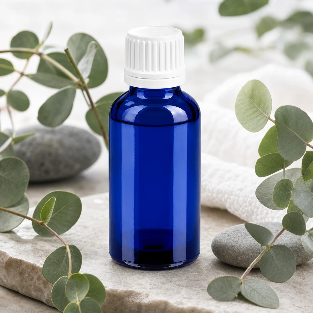 30 ml flaska 11mm skruvkork vit med manipulationsskydd BlueLine UT18/30 Högkvalitativ 30 ml glasflaska i elegant blå färg med vit skruvkork för professionella tillämpningar