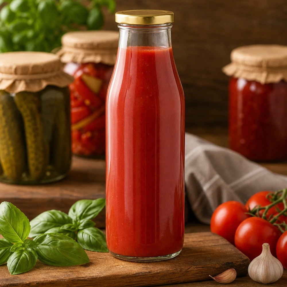 500 ml glasflaska + BasicSeal-lock guld UNiTWIST 500ml Glasflasche mit Tomatensaft gefüllt zeigt praktische Verwendung für hausgemachte Säfte und Konserven