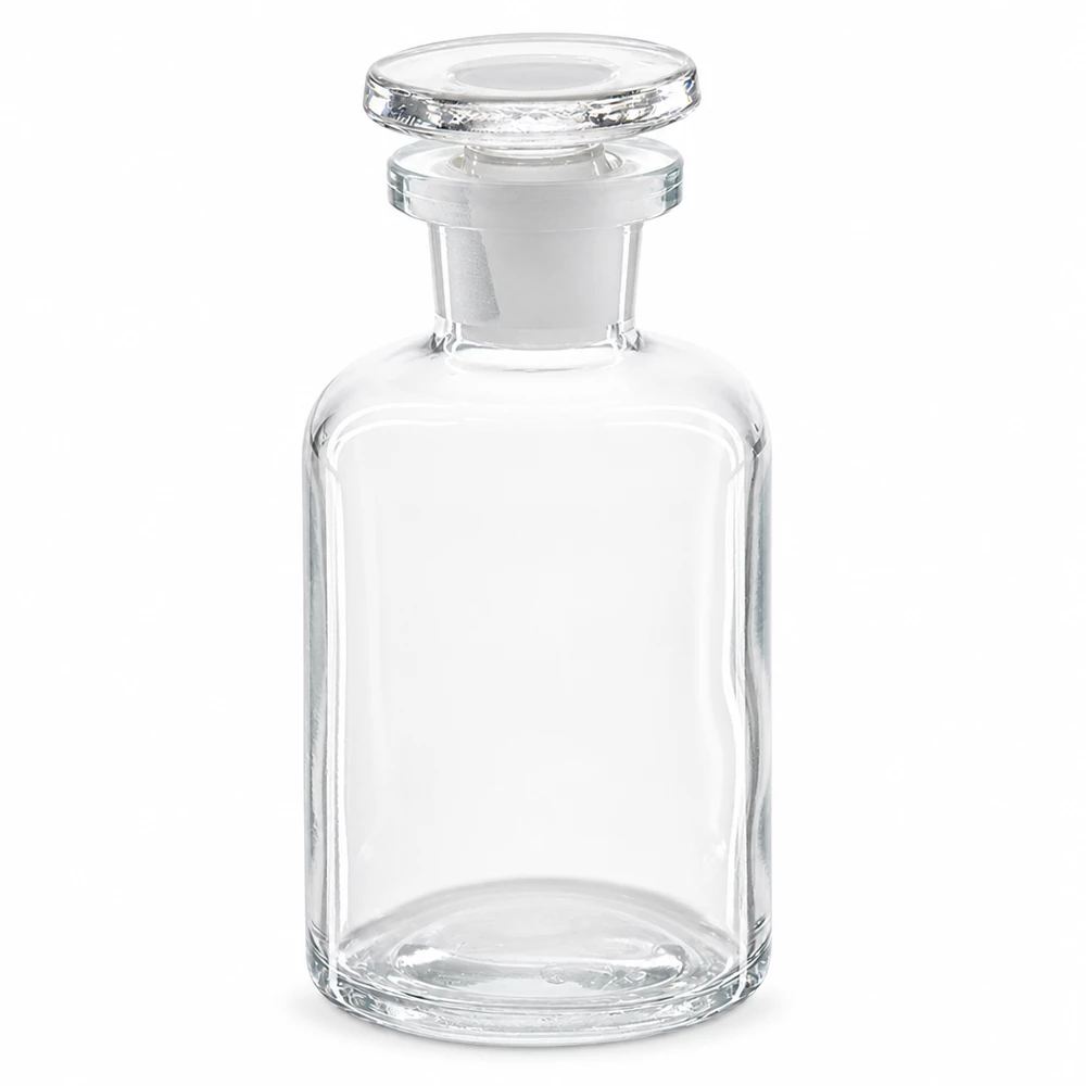 Flaska med rund axel 50ml klar glaspropp med smal hals Rundskulad flaska, 50 ml, klar, med glaspropp och smal hals, för laboratorier och apotek