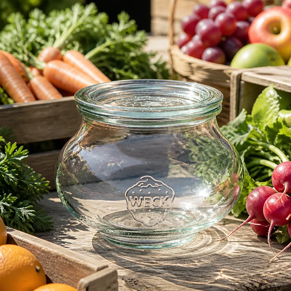 560 ml dekorativ burk med glaslock, WECK RR80 WECK dekorativ burk 560ml RR80 med lock i transparent glas mellan färska grönsaker morötter rädisor och frukt