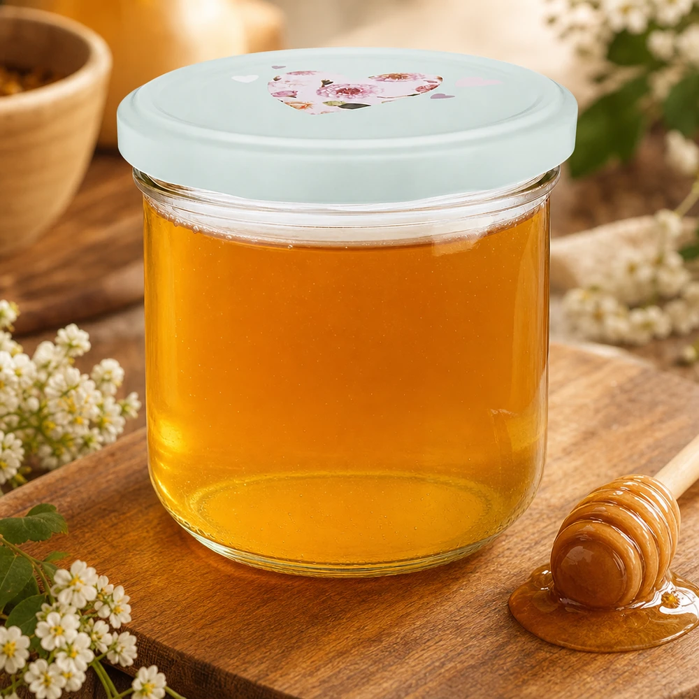 260 ml murarburk fylld med honung, mintgrönt BasicSeal-lock med hjärtmotiv, honungssked och blommor som dekoration