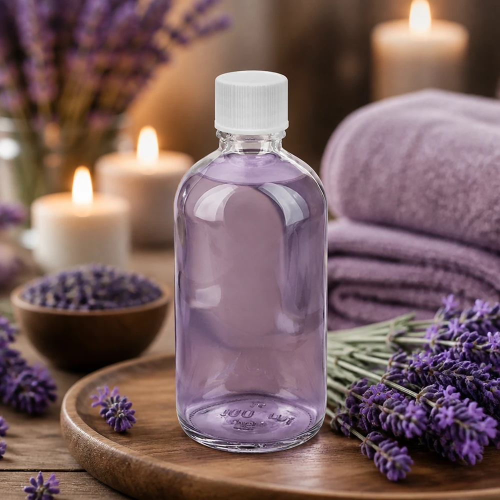 Lavendel-aromolja i en 100 ml klarglasflaska med vitt lock, UT18 ClearLine-serien