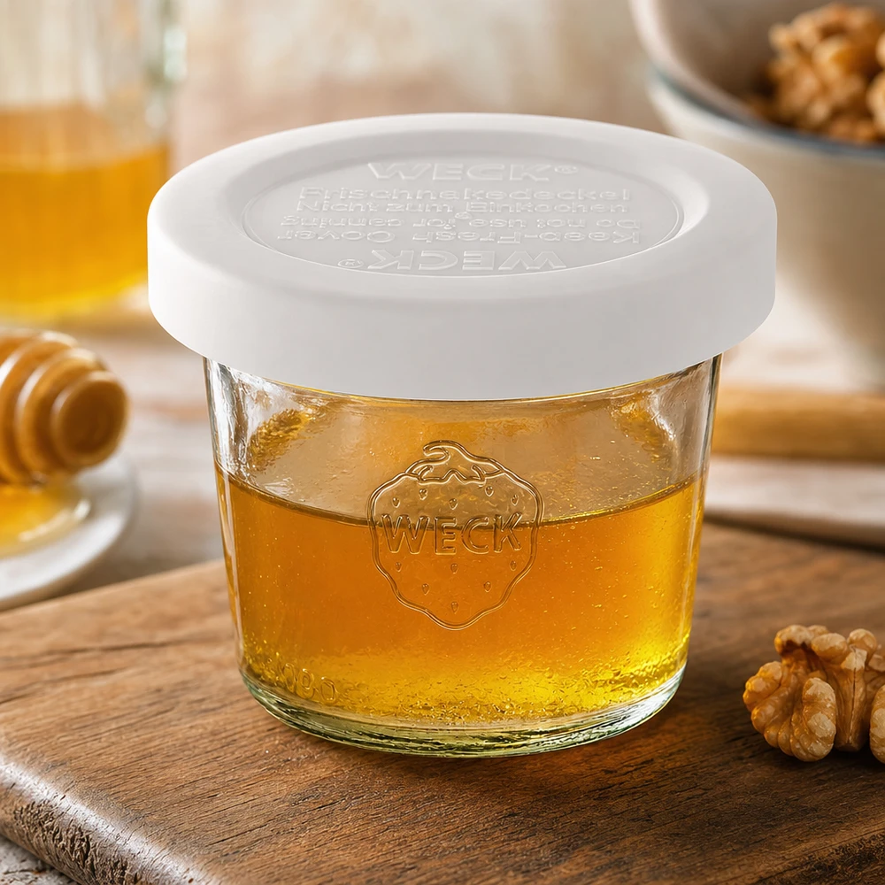 35ml Krossade glasögon med lock för färskhet WECK RR40 WECK 35 ml RR40-glas fyllda med honung och vitt lock, dekorerade med valnötter på en träbas