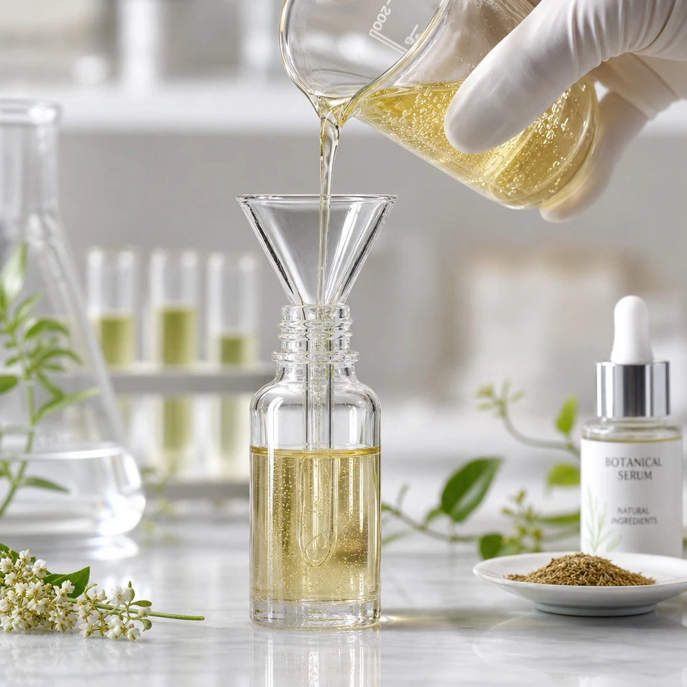 Kompakt laboratorietratt tillverkad av soda-lime-glas med 30 mm öppning och kort handtag för enkel hantering