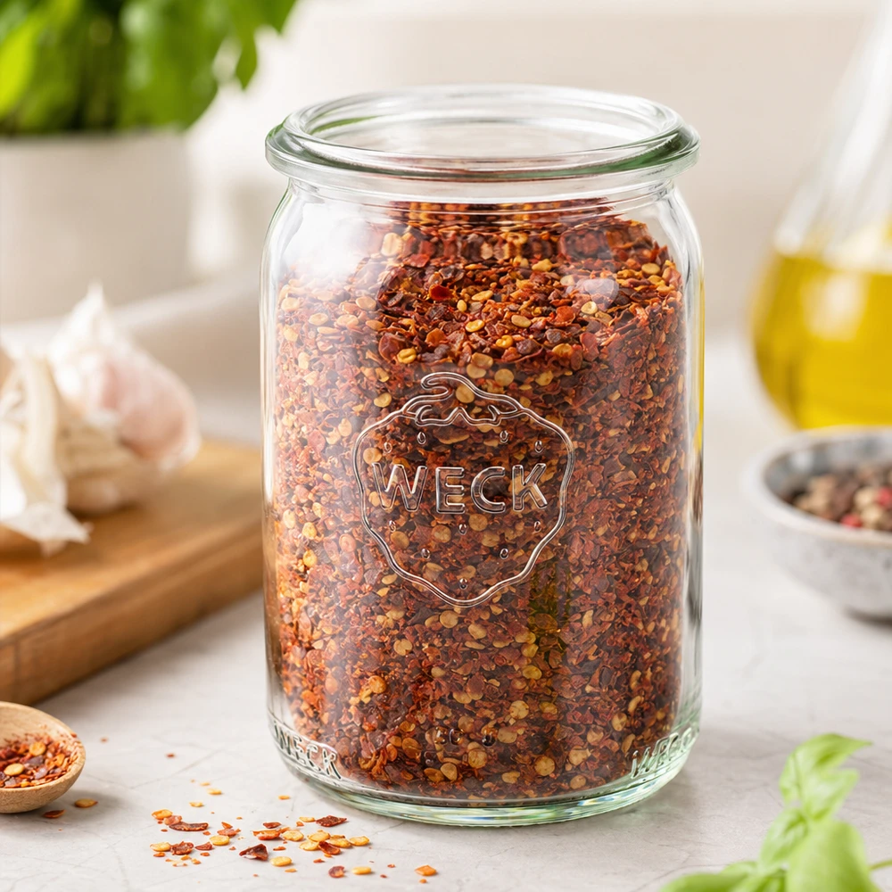 145ml cylinderburk WECK RR40 WECK RR40 burk 145ml fylld med röda chiliflakes på en vit köksbänk med vitlök och olja