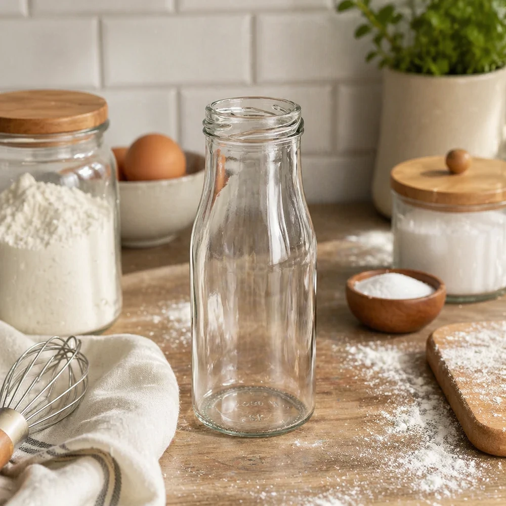 UNiTWIST Bottle150 Glasflaska 150ml TO43 i modernt kök med bakredskap och förvaringsburkar
