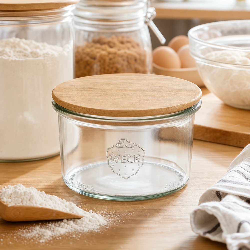 200ml Krossade glasögon WECK RR80 med trälock WECK Sturzglas 200ml RR80 mit Holzdeckel in natürlicher Küchenumgebung zwischen Backzutaten und Vorratsgläsern