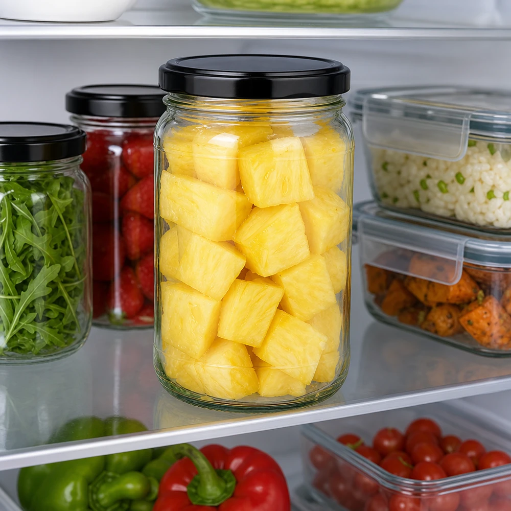 305 ml rund burk UNiTWIST med svart lock full med ananas i kylskåpet för matförvaring