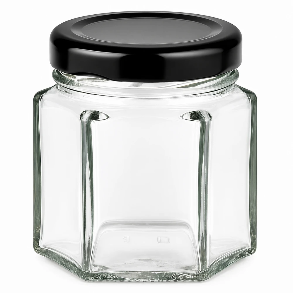 47 ml hexa burk med lock BasicSeal svart UNiTWIST 47 ml hexagonal glasburk med svart BasicSeal-lock - hexagonal glasburk för mat och förvaring