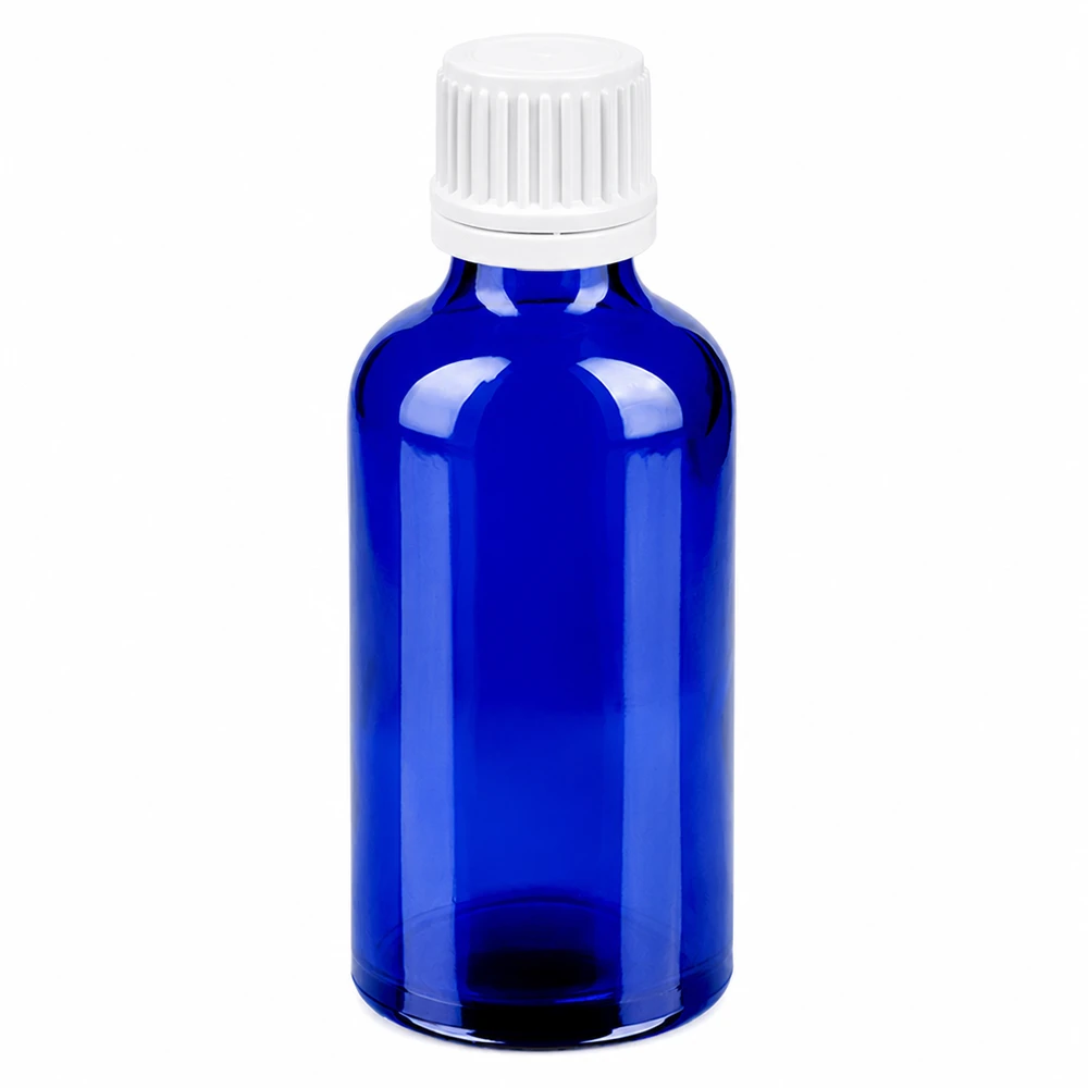 50 ml flaska 11mm skruvkork vit med säkerhetsförslutning BlueLine UT18/50 50 ml blå glasflaska med vitt skruvlock för kosmetika och läkemedel
