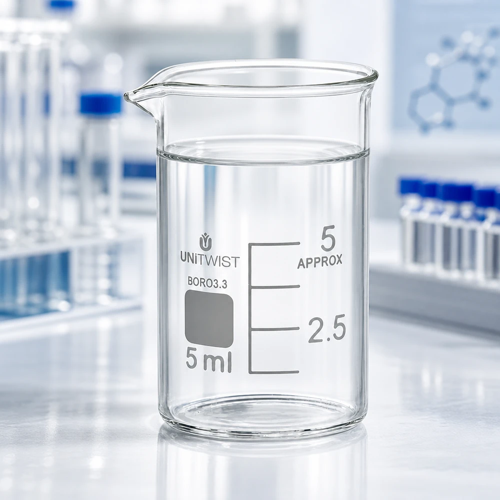Bägare 5ml borosilikat, låg form UNiTWIST Genomskinligt bägarglas 5 ml UNiTWIST borosilikat 3.3, låg profil med vit skala