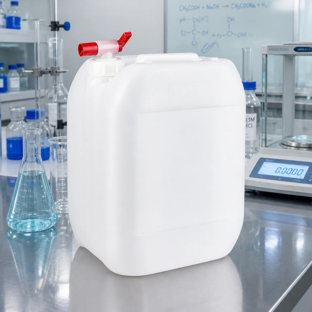 Dunk 10 liter med avtappningskran Rektangulär 10-liters plastdunk med röd tappkran i en professionell laboratoriemiljö