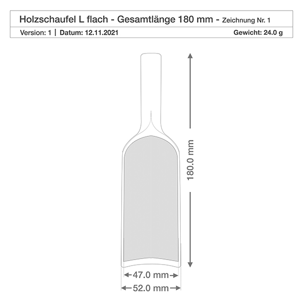 Träspade storlek L platt form - 180 mm lång Teknisk ritning Träspade L platt 180mm total längd med måtten 47mm och 52mm bredd Vikt 24g