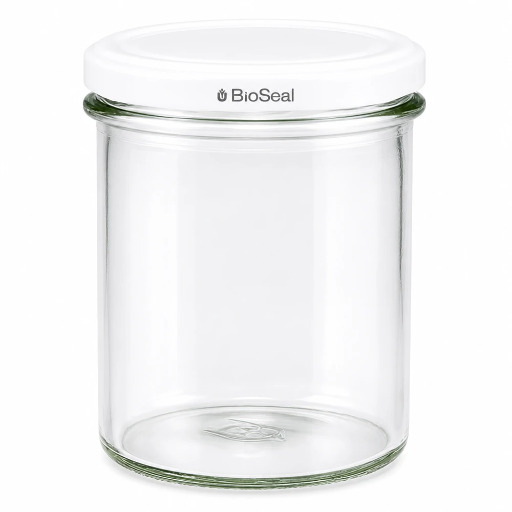 350 ml Krossade glasögon med vitt BioSeal-lock UNiTWIST UNiTWIST Sturz350 konserveringsburk med vitt TO82 BioSeal-lock transparent glasburk förvaringsburk