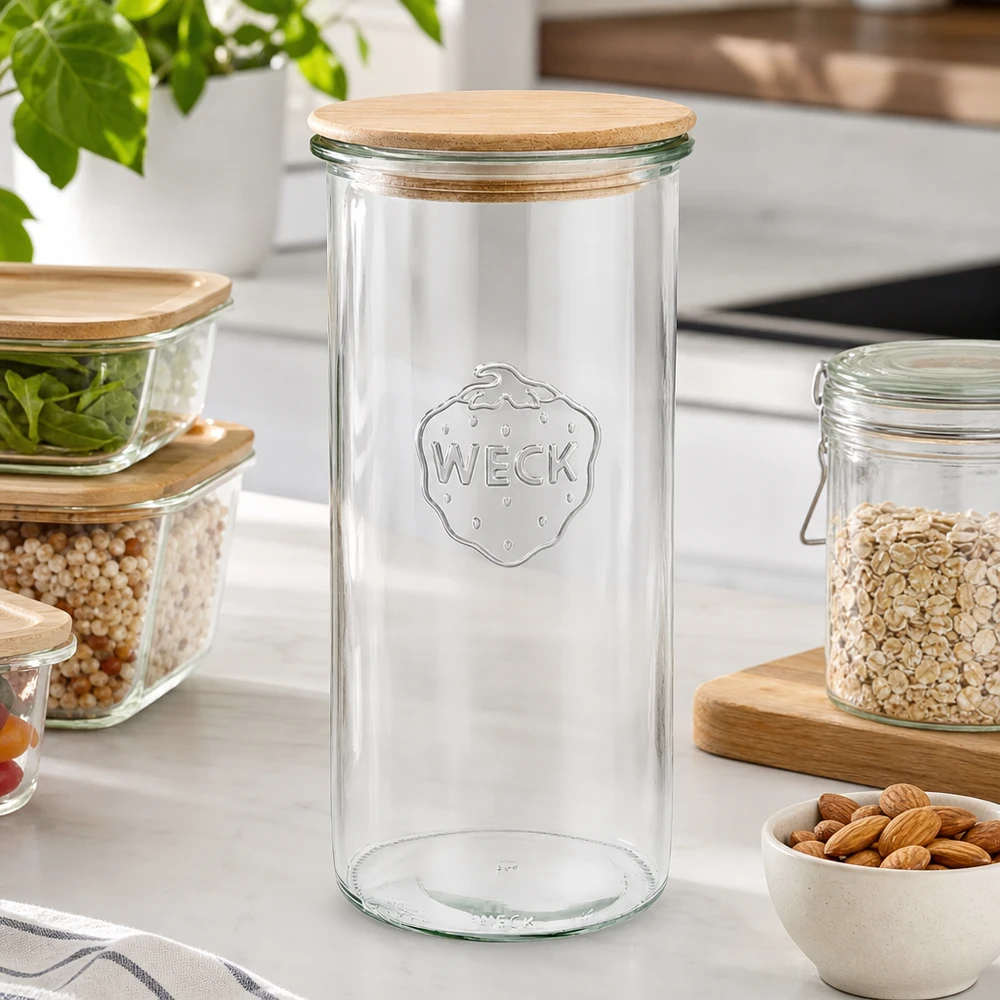 WECK 1500ml RR100 tom förvaringsburk med trälock i ett modernt kök omgivet av fyllda förvaringsburkar med nötter