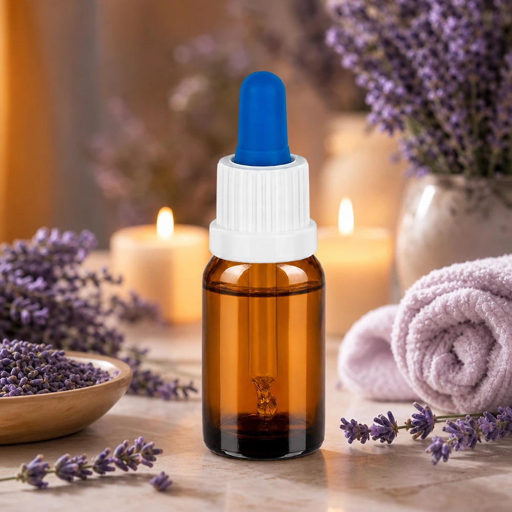 10ml pipettflaska vit/blå med säkerhetsförslutning BrownLine UT18/10 10 ml apoteksflaska av UV-skyddande bärnstensfärgat glas med vitt skruvlock och blå pipettspets