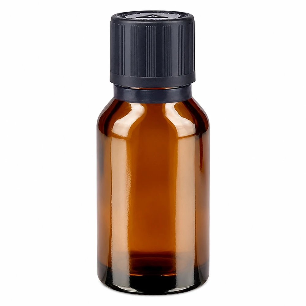 Apoteksflaska brun 15ml droppflaska Hällring 1mm svart Barnsäkerhetslås Blind varningssymbol Tamper evident förslutning Brun apoteksflaska på 15 ml med svart barnsäkerhetslock och 1 mm droppanordning