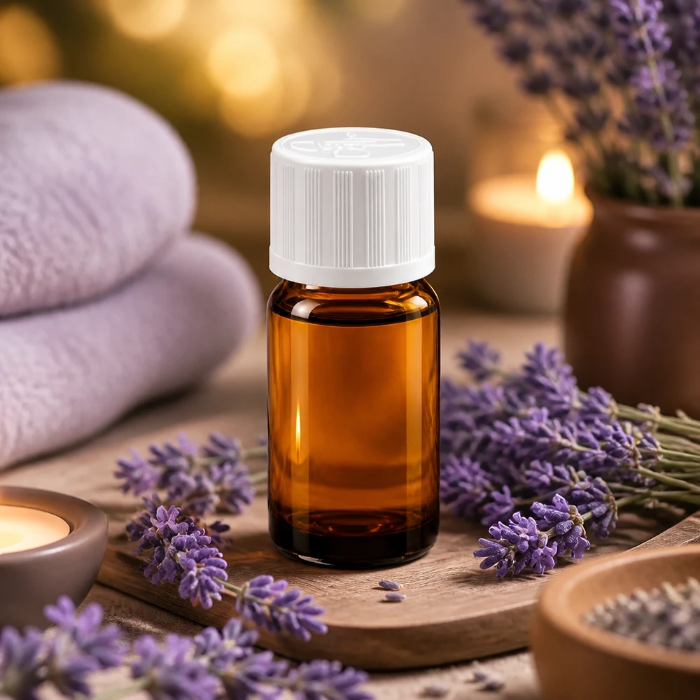 5 ml aromaterapiflaska av brunt glas med vitt lock, perfekt för lavendelolja och wellness