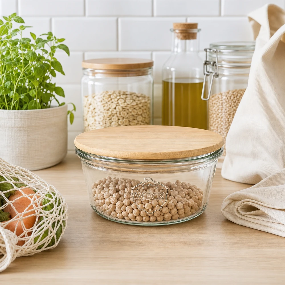 290ml låg Krossade glasögon WECK RR100 med trälock WECK dricksglas 290ml RR100 med bambu trälock i hållbart kök med pulser, zero waste-koncept
