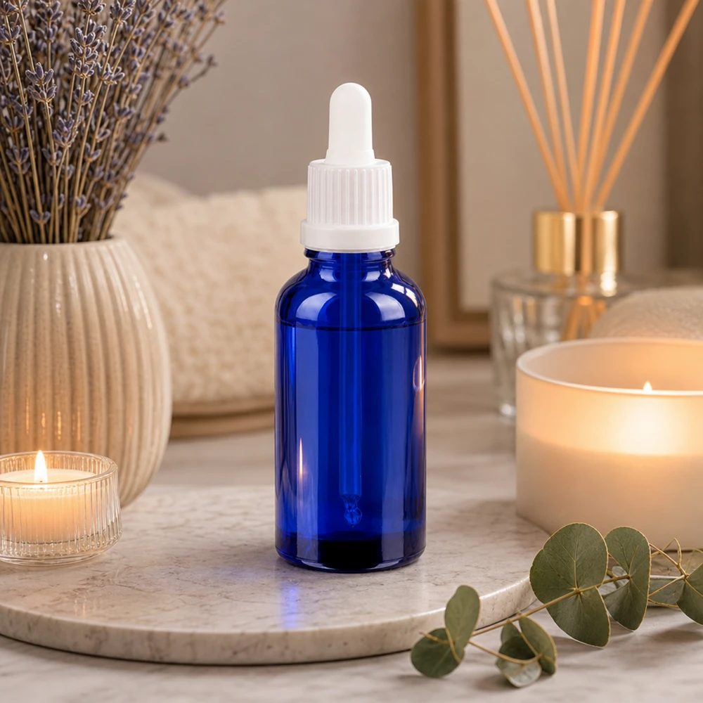 30 ml BlueLine UT18 pipettflaska tillverkad av högkvalitativt koboltglas för UV-skydd av kosmetiska produkter