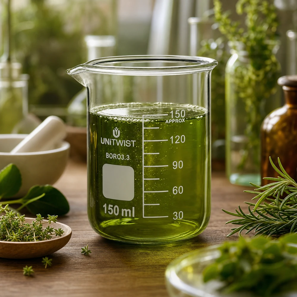 Bägare 150 ml borosilikat, lågformad UNiTWIST UNiTwist bägare 150 ml, borosilikatglas 3.3, låg form med grönt örtextrakt