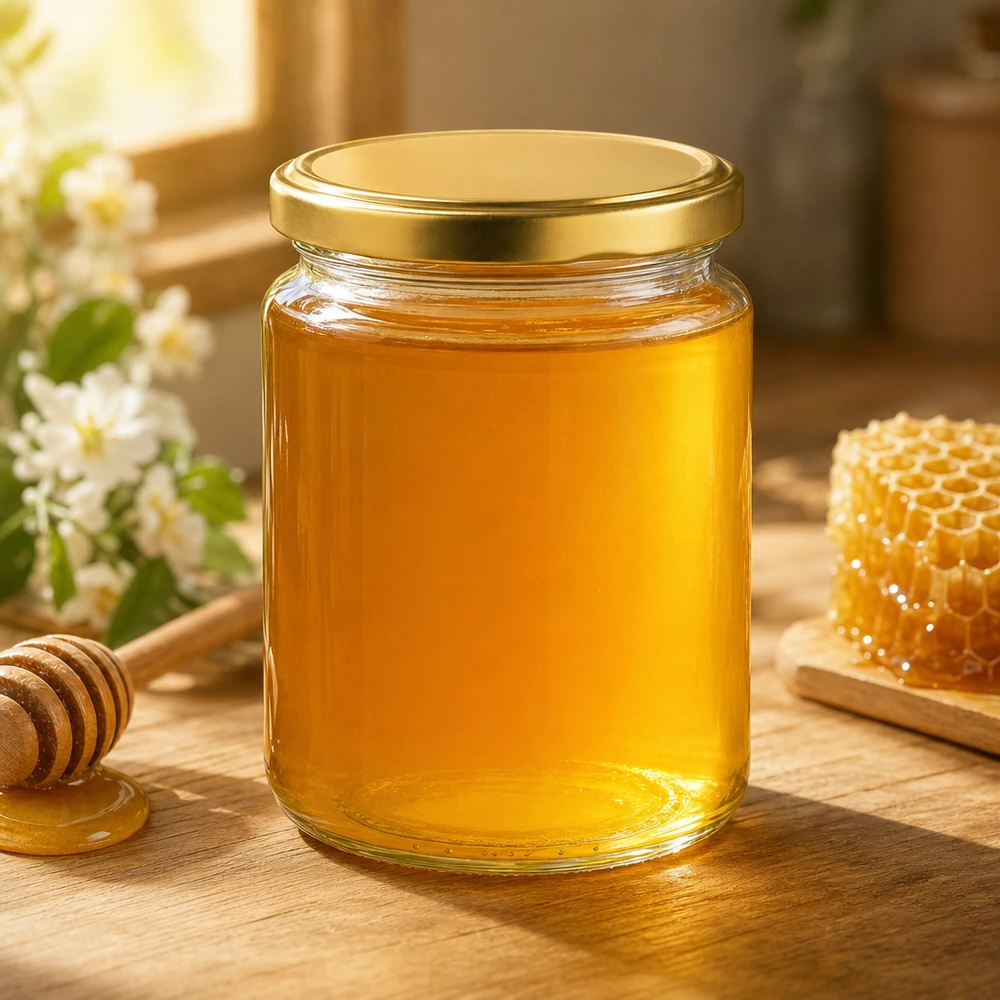 450 g honungsburk med gyllene lock BasicSeal UNiTWIST 450 g honungsburk med gyllene lock fylld med honung bredvid honungskaka och honungssked naturlig köksdekoration