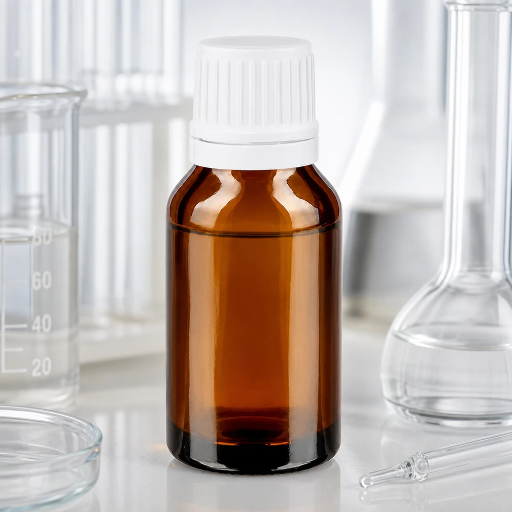 Apoteksflaska brun 15ml droppkork 1,2mm vit säkerhetsförslutning Brun apoteksflaska på 15 ml med vitt originalförslutningslock i laboratoriet mellan en glaskolv och ett bägarglas