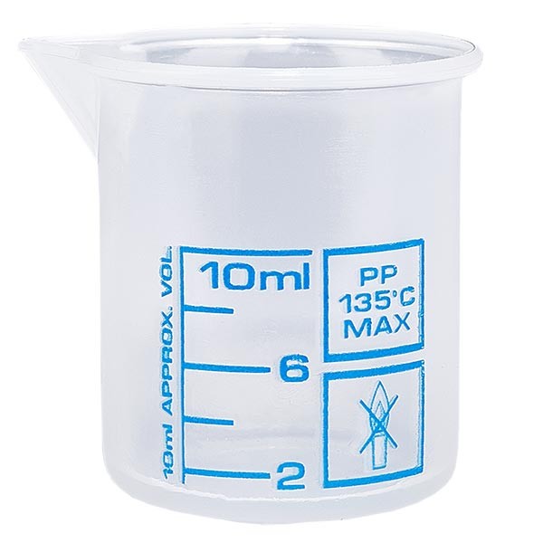 10 ml mätbägare (Griffin-bägare) PP, antistatisk, med hög transparens enligt DIN 12.311, med gradfri pärlkant, tryckt blå skala