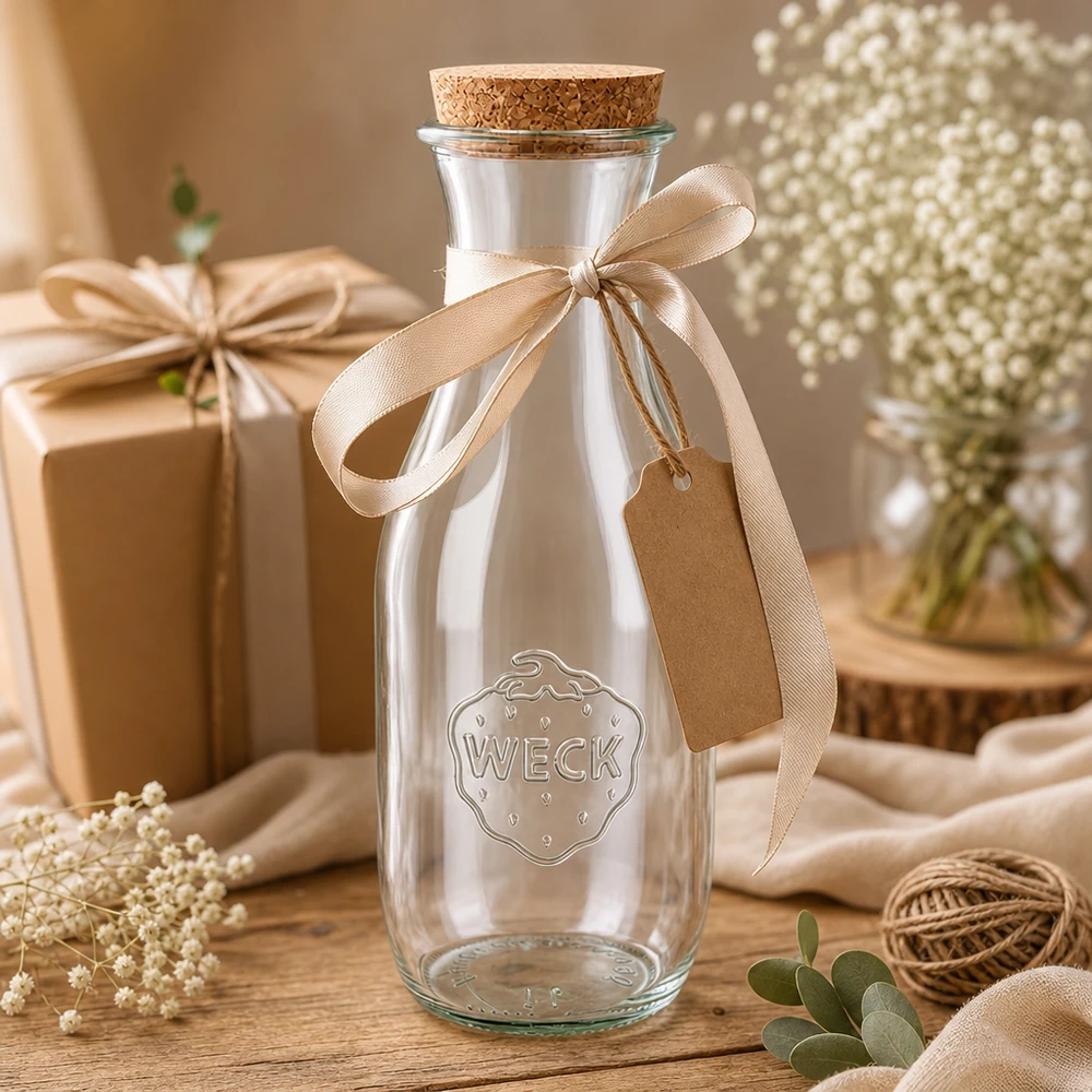 1062ml juiceflaska WECK RR60 med kork naturell WECK glasflaska 1062ml som present dekorerad med beige rosett och hänge bredvid gypsophila och presentförpackning