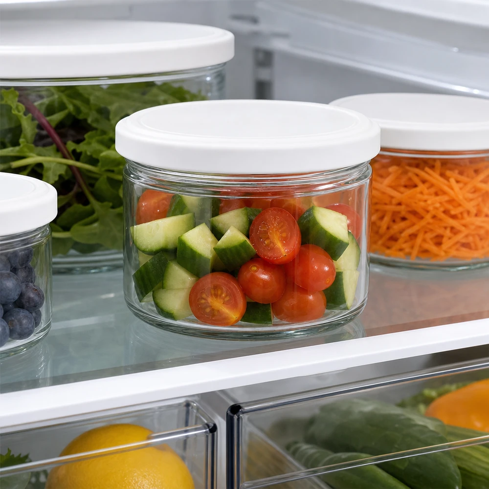 540ml rund burk med BasicSeal-lock vit UNiTWIST 540ml Rundglas BasicSeal weiß im Kühlschrank mit Tomaten und Gurken - optimale Frischhaltung für geschnittenes Gemüse