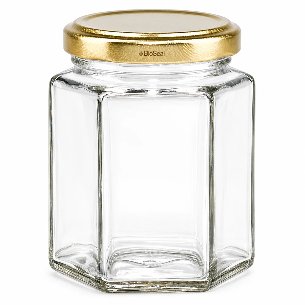 196 ml hexaburk med UNiTWIST BioSeal-lock i guld Hexagonal murarburk UNiTWIST Hexa196 med gyllene TO58 BioSeal-lock av transparent glas tom