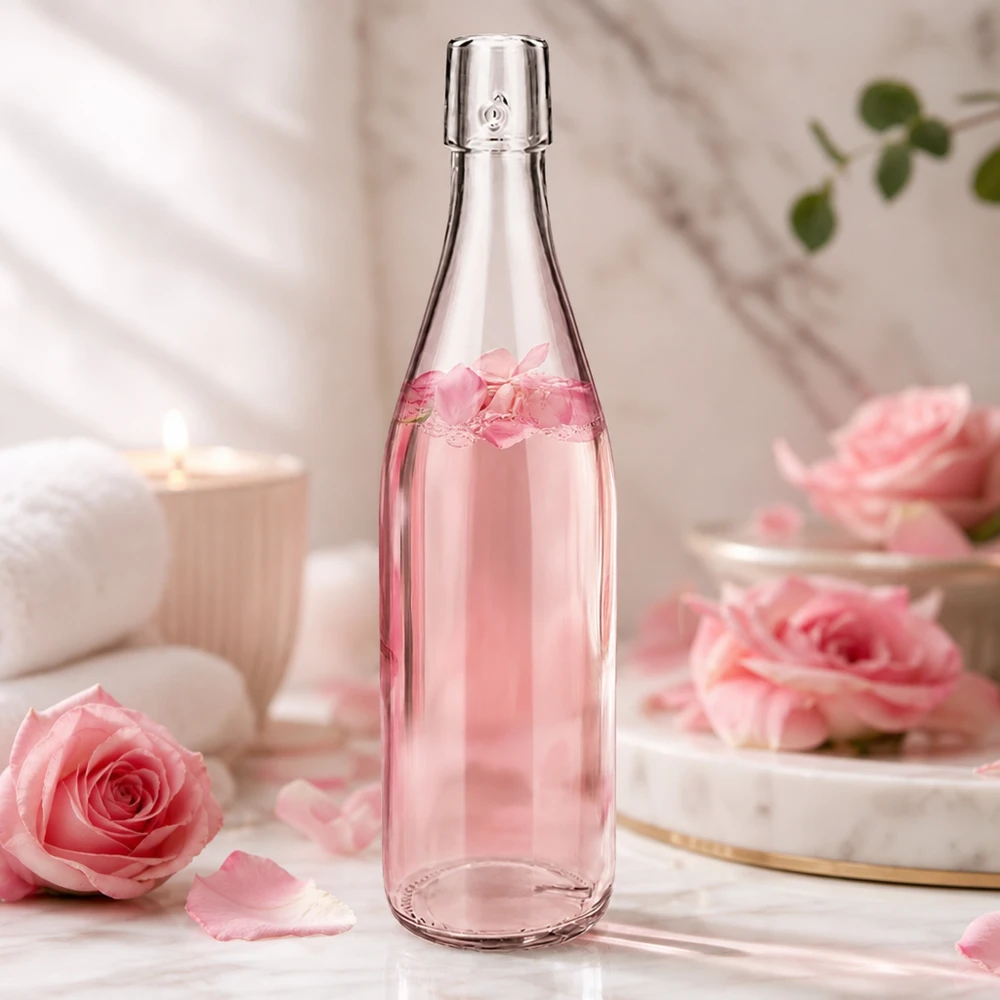 500ml glasflaska utan svängbar topp UNiTWIST 500ml UNiTWIST Glasflasche mit Rosenwasser in romantischer Dekoration mit rosa Rosen und elegantem Ambiente