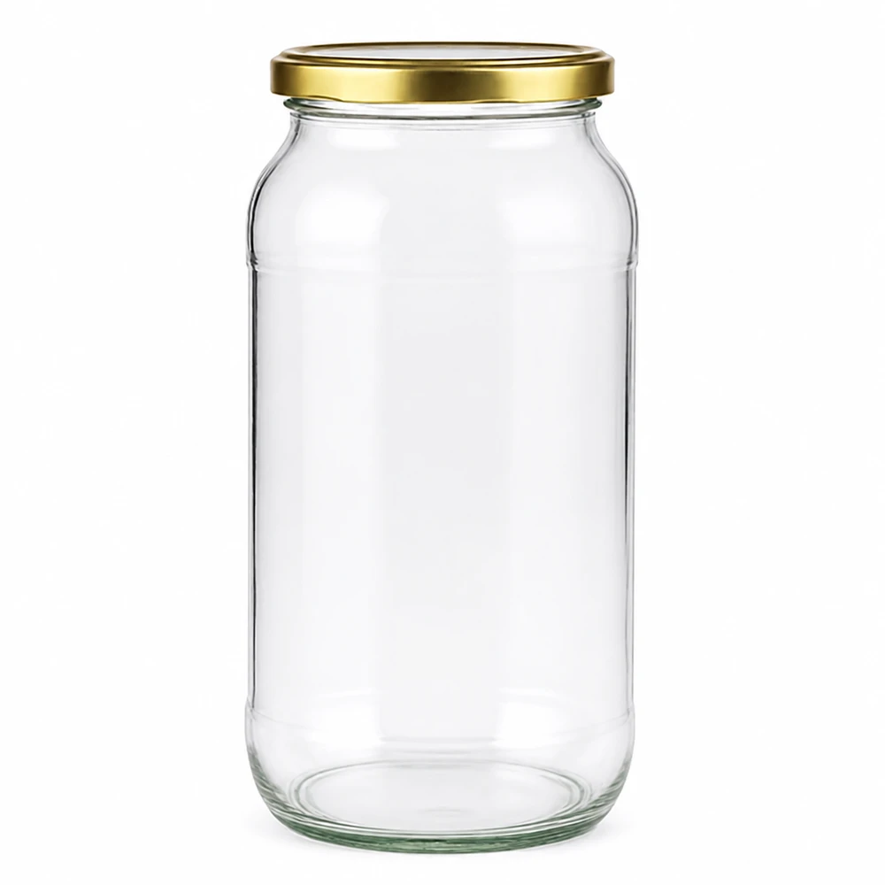 1062ml runt glas med BasicSeal-lock guld UNiTWIST Tom rund burk på 1062 ml med guldfärgat BasicSeal UNiTWIST skruvlock för konservering och förvaring
