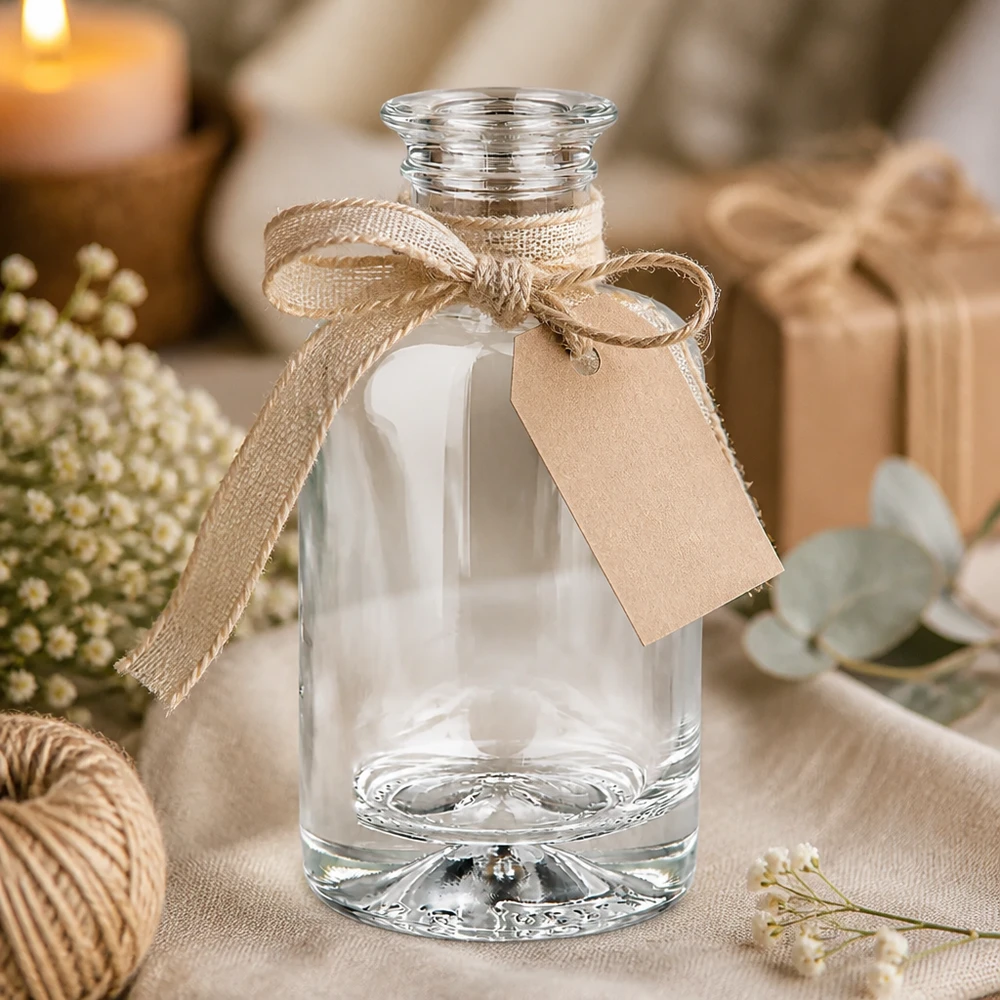 100 ml apoteksflaska Sofia utan lock UNiTWIST® 100ml Glasflasche Sofia als Geschenkidee mit Juteschleife und Anhänger in gemütlicher Deko-Atmosphäre mit Kerzen