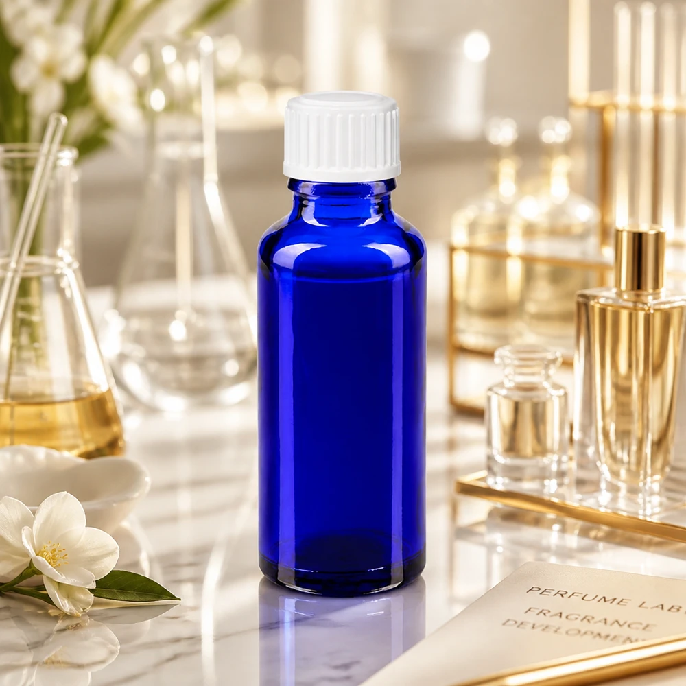 Apoteksflaska blå 30ml skruvkork vit standard 30 ml apotekarflaska i koboltblått med vit standardkork i parfymlaboratoriet